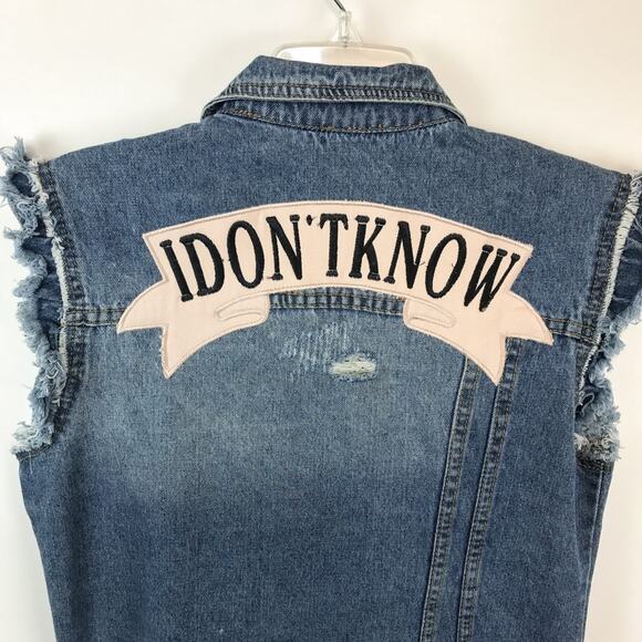 Denim NWT Vest 'I Don't Know' Distressed Embroidered by Balboa LA - Picture 3 of 5